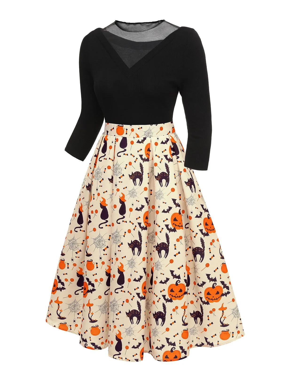 1950s Halloween Pumpkin Cat Knitted Top Patchwork Dress sold by Retro Stage product image thumbnail 3
