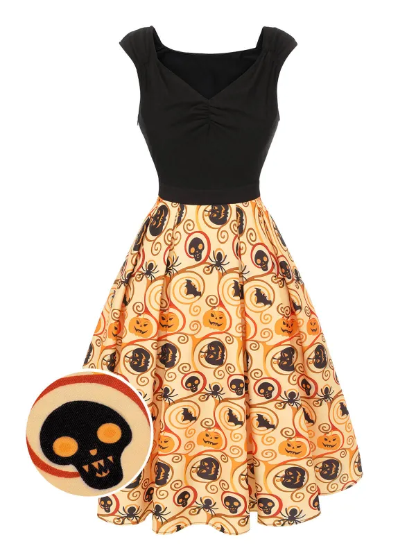 Black & Yellow 1950s Pumpkin Bat Spider Dress sold by Retro Stage
