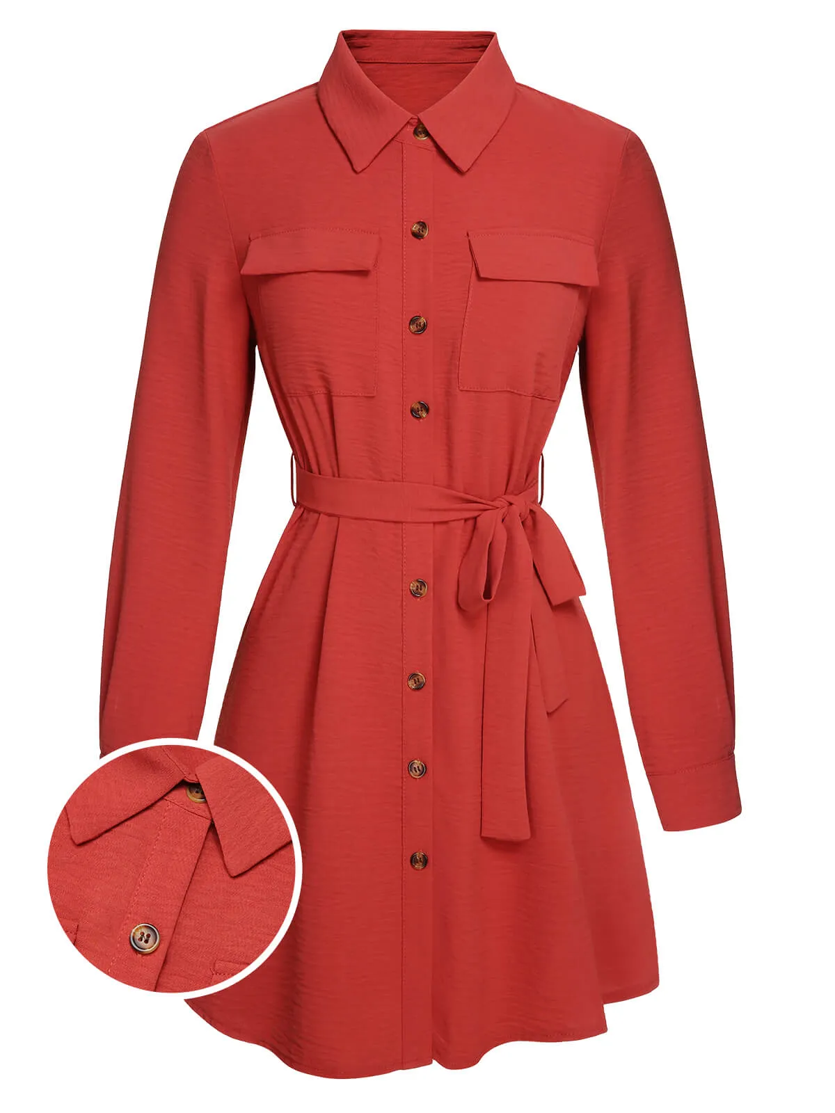 Red 1970s Lapel Long Sleeve Shirt Dress sold by Retro Stage