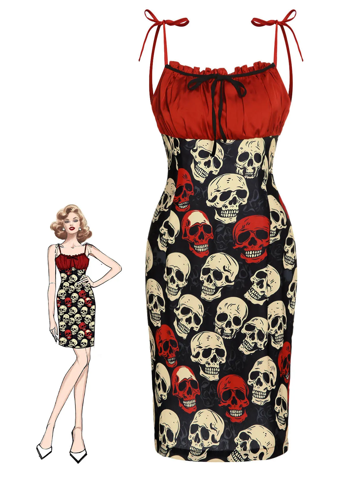 Red 1960s Halloween Skull Strap Dress sold by Retro Stage