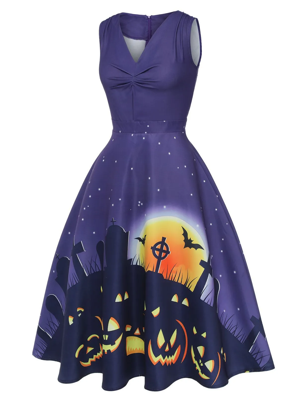 Deep Purple 1950s Halloween V-Neck Swing Dress sold by Retro Stage product image thumbnail 3