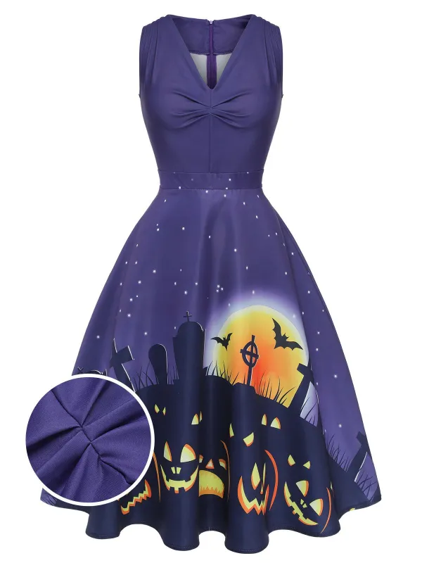 Deep Purple 1950s Halloween V-Neck Swing Dress sold by Retro Stage