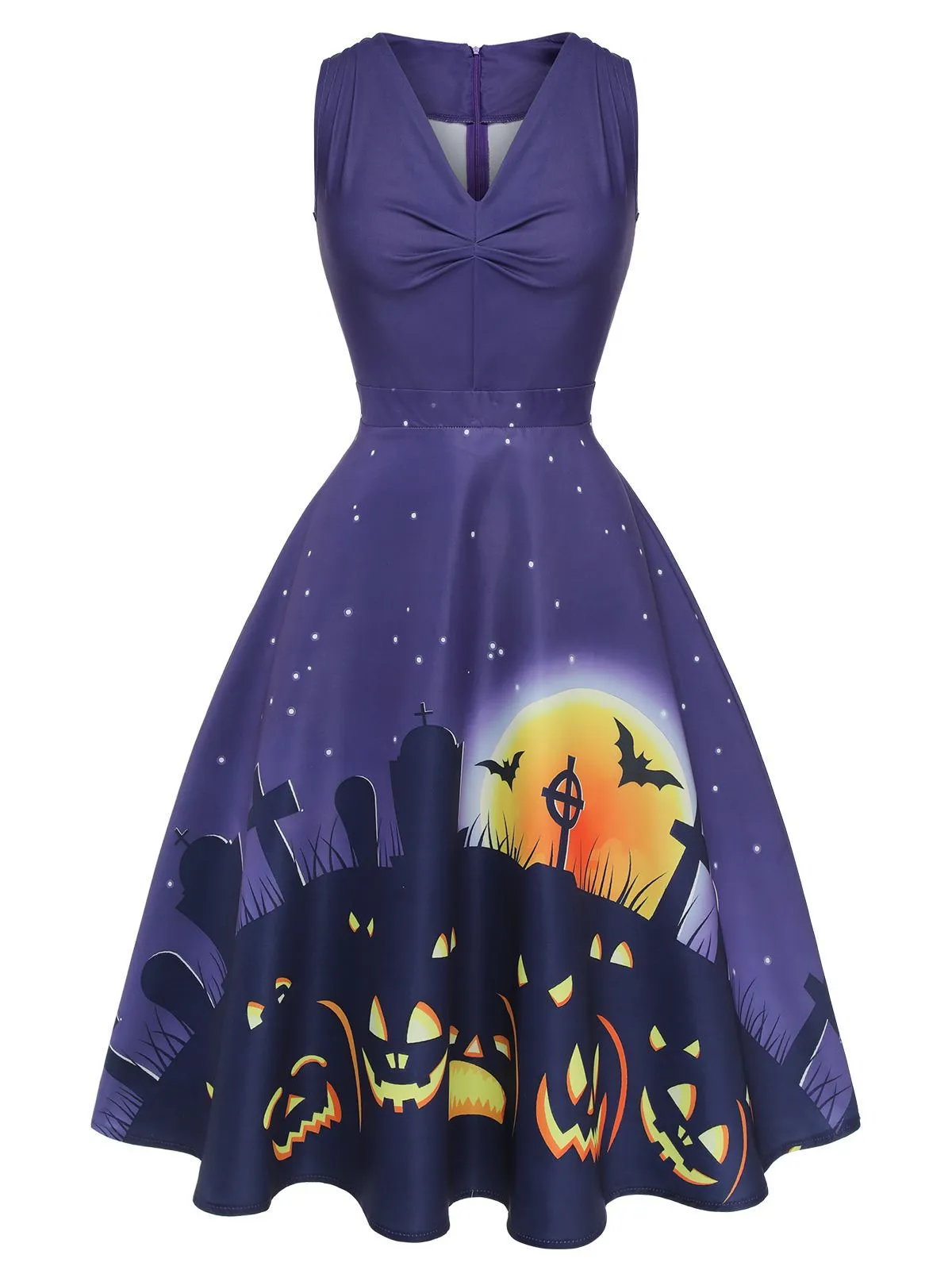 Deep Purple 1950s Halloween V-Neck Swing Dress sold by Retro Stage product image thumbnail 2