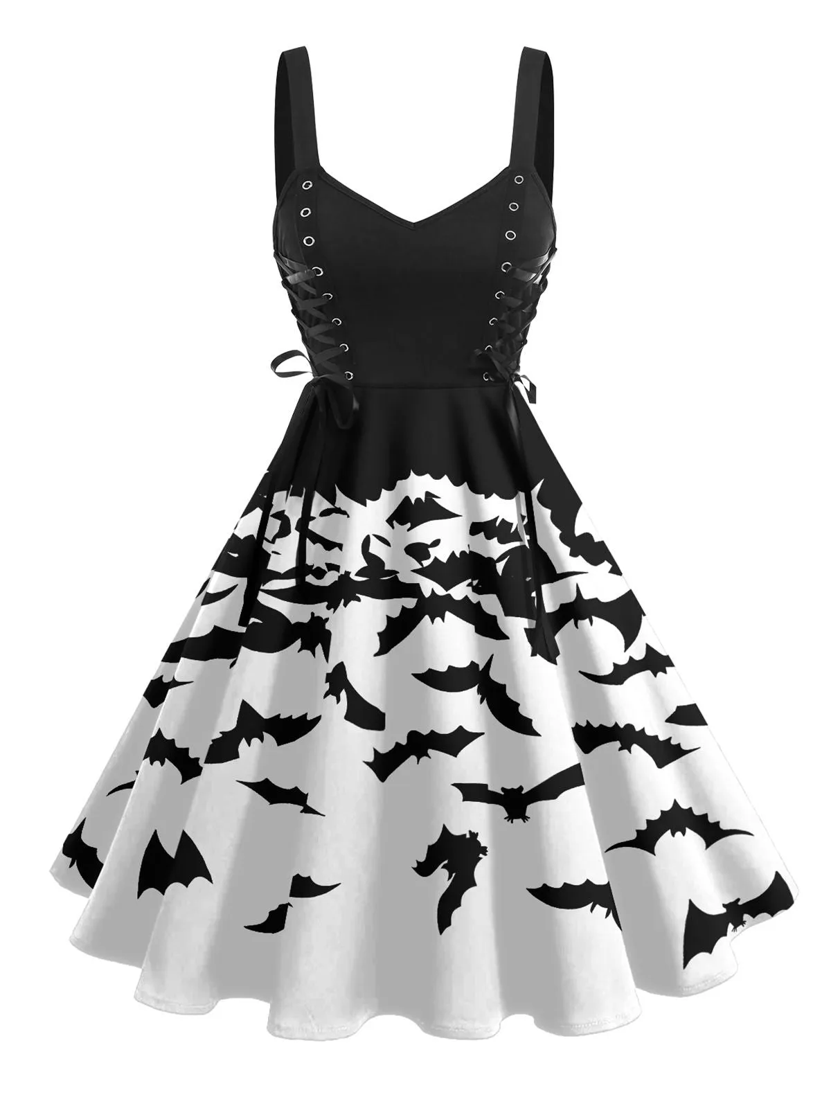 Black 1950s Patchwork Lace-up Bat Dress sold by Retro Stage