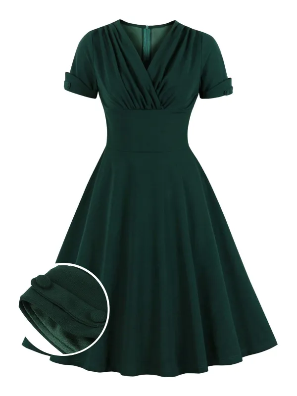 [Plus Size] Dark Green 1950s V-Neck Solid Swing Dress sold by Retro Stage
