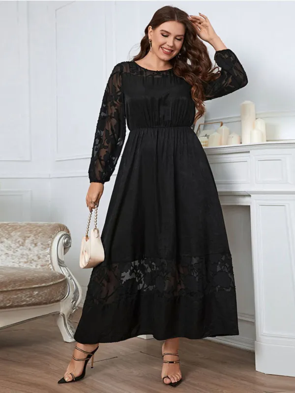 [Plus Size] Black 1940s Long Sleeve Solid Lace Dress sold by Retro Stage