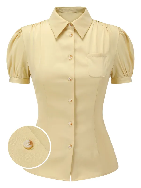 Yellow 1940s Lapel Puff Sleeve Solid Blouse sold by Retro Stage