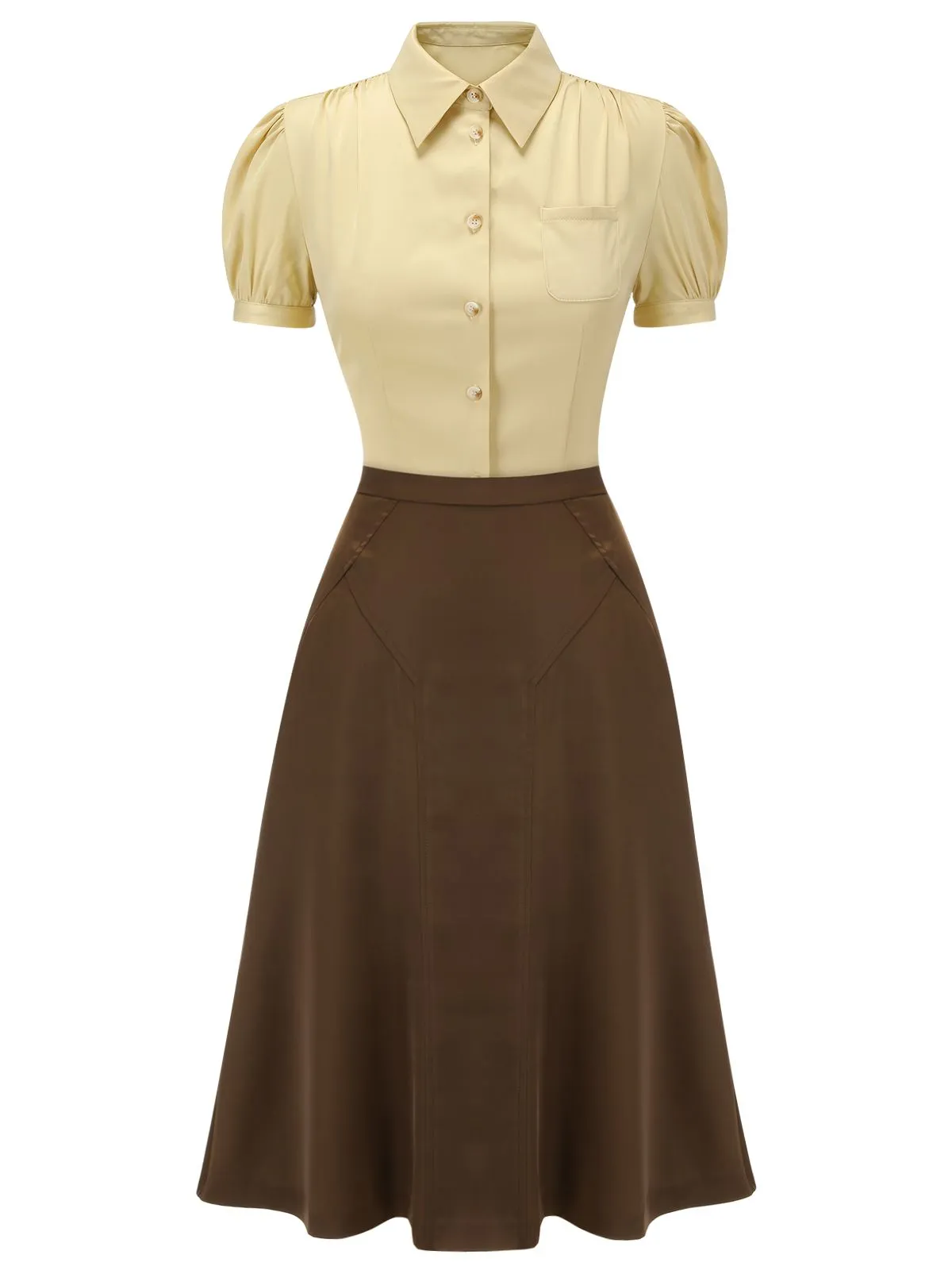 2PCS Lapel Puff Sleeve Solid Blouse & High Waist Skirt sold by Retro Stage product image thumbnail 2