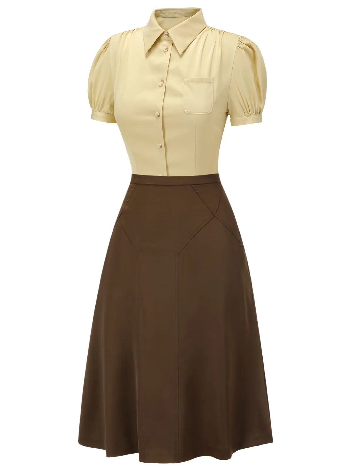 2PCS Lapel Puff Sleeve Solid Blouse & High Waist Skirt sold by Retro Stage product image thumbnail 3