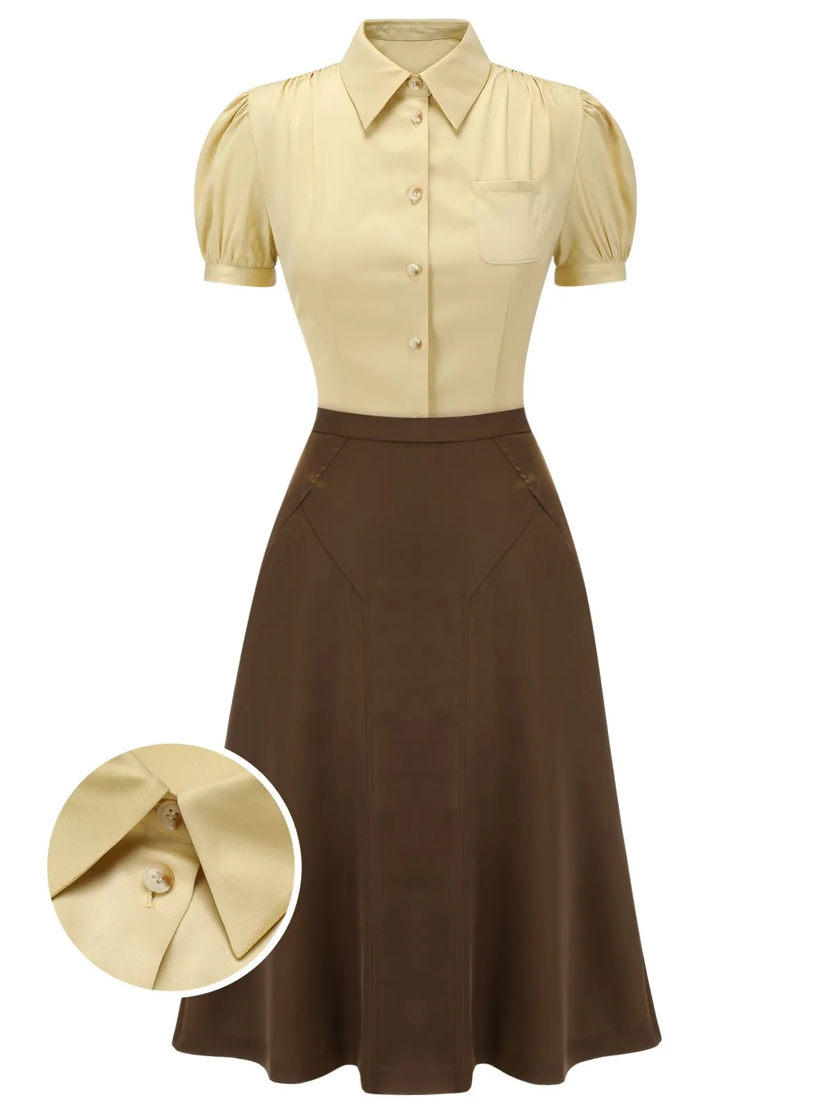 2PCS Lapel Puff Sleeve Solid Blouse & High Waist Skirt sold by Retro Stage
