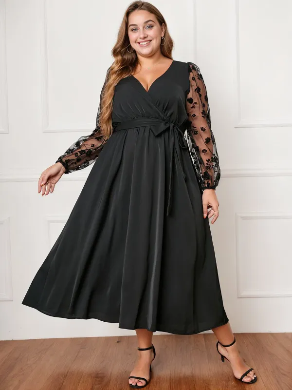 [Plus Size] Black 1950s Floral Mesh Sleeves Dress sold by Retro Stage