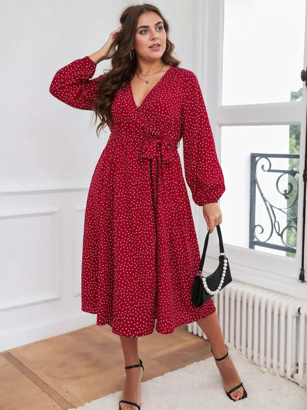 [Plus Size] Red 1940s V-Neck Polka Dot Lace-Up Dress sold by Retro Stage