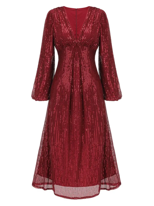 Red 1930s Solid Sequined V-Neck Shift Dress sold by Retro Stage