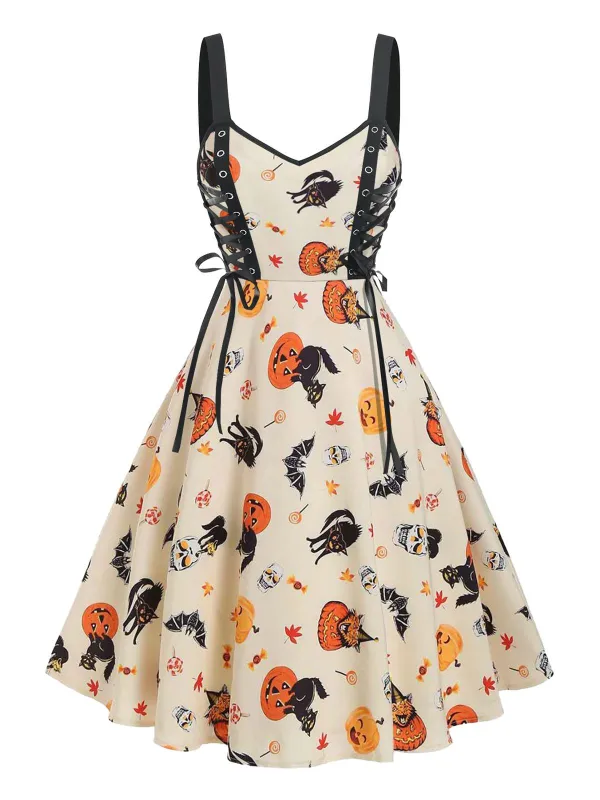 Beige 1950s Lace-Up Halloween Dress sold by Retro Stage