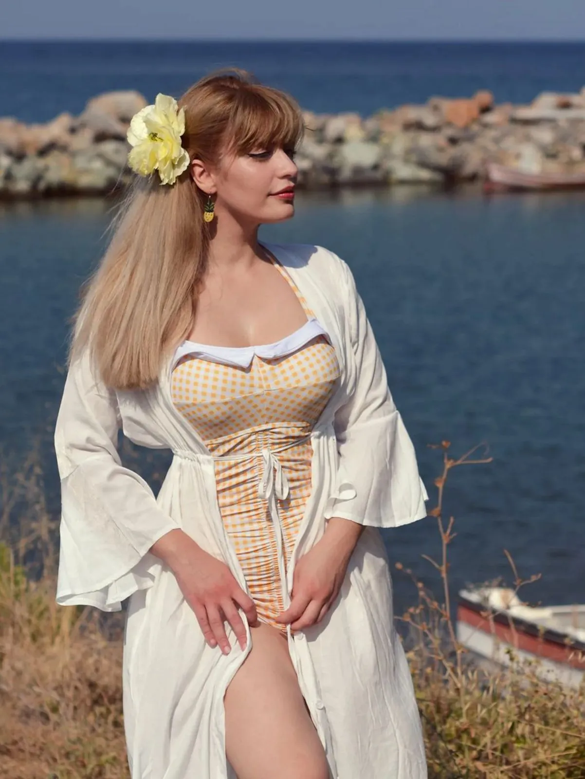 Gingham 1950s Halter Bowknot One-piece Swimsuit sold by Retro Stage