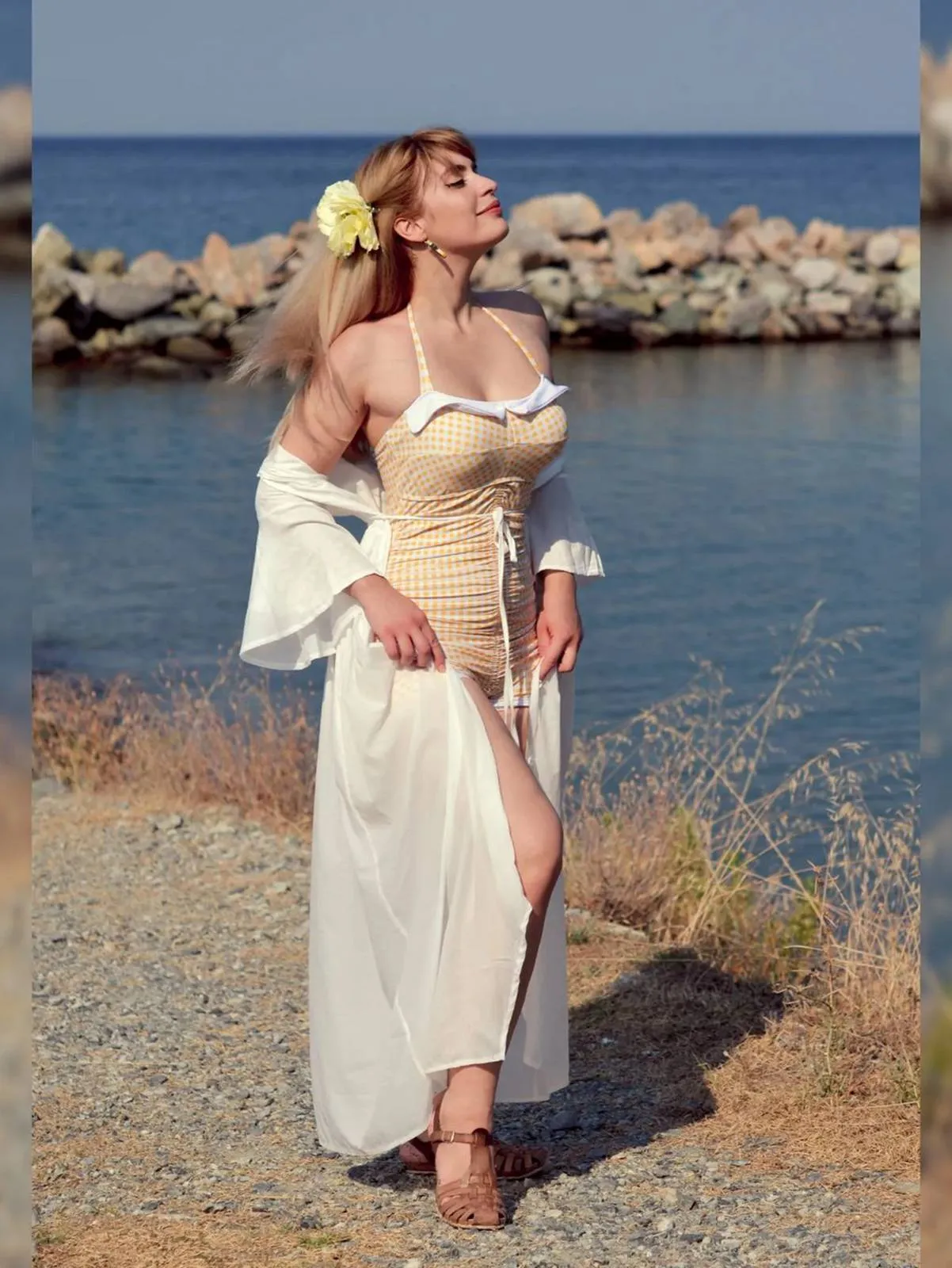 Gingham 1950s Halter Bowknot One-piece Swimsuit sold by Retro Stage product image thumbnail 2