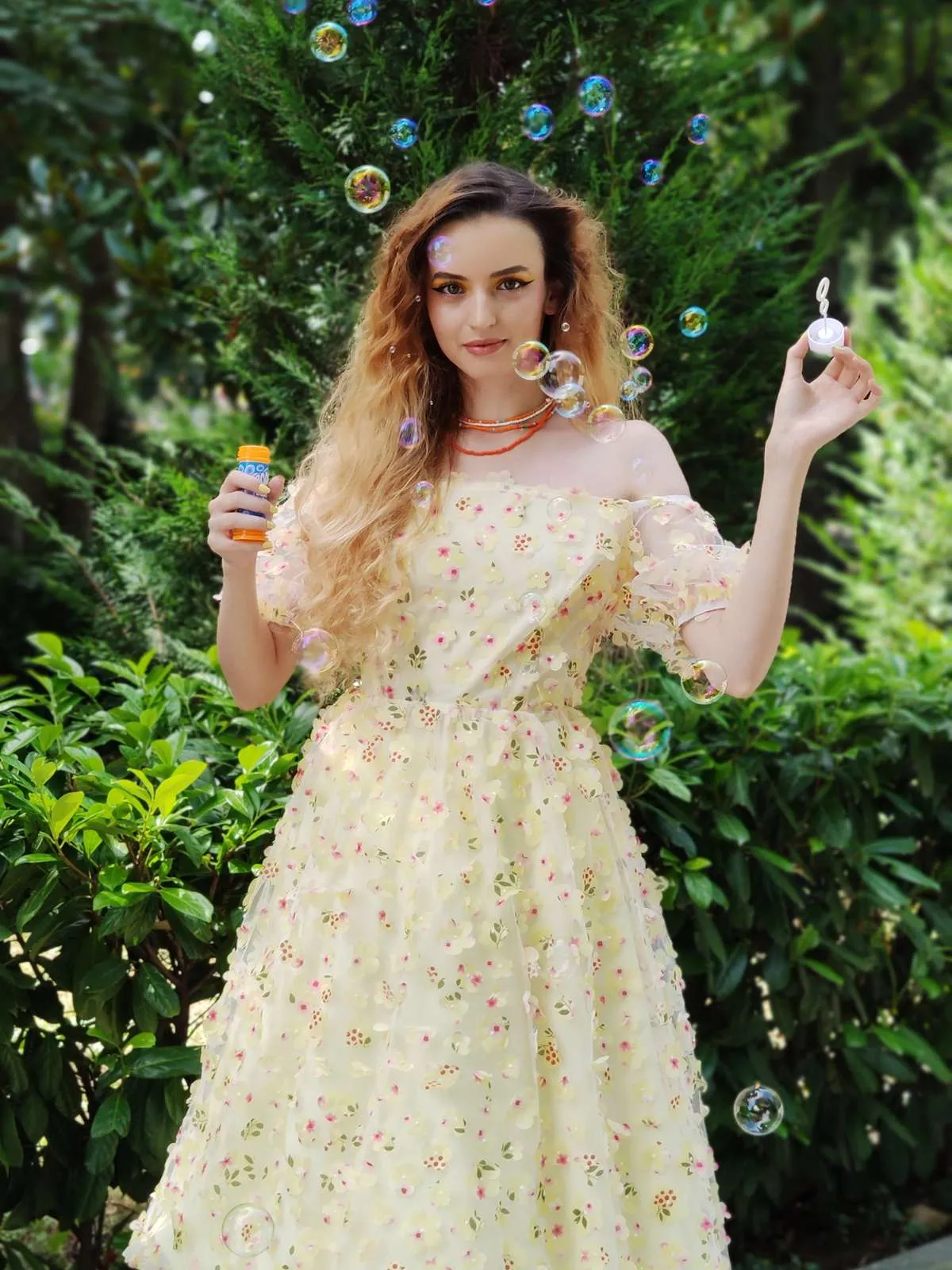 Yellow 3D Floral Puff Sleeves Swing Dress sold by Retro Stage product image thumbnail 2