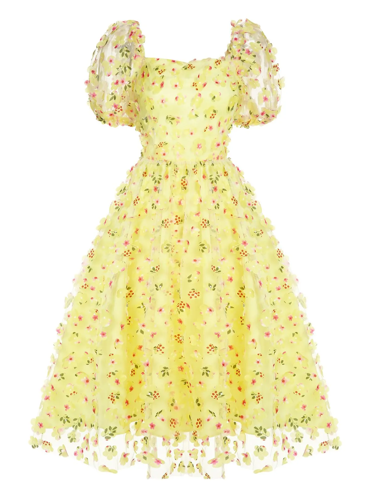 Yellow 3D Floral Puff Sleeves Swing Dress sold by Retro Stage product image thumbnail 4