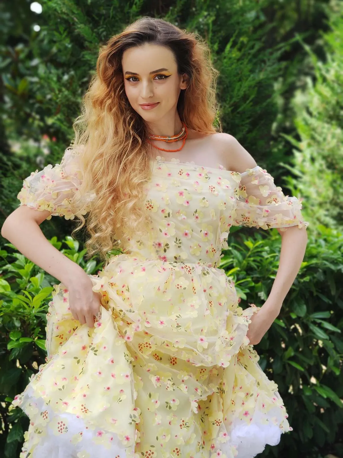 Yellow 3D Floral Puff Sleeves Swing Dress sold by Retro Stage