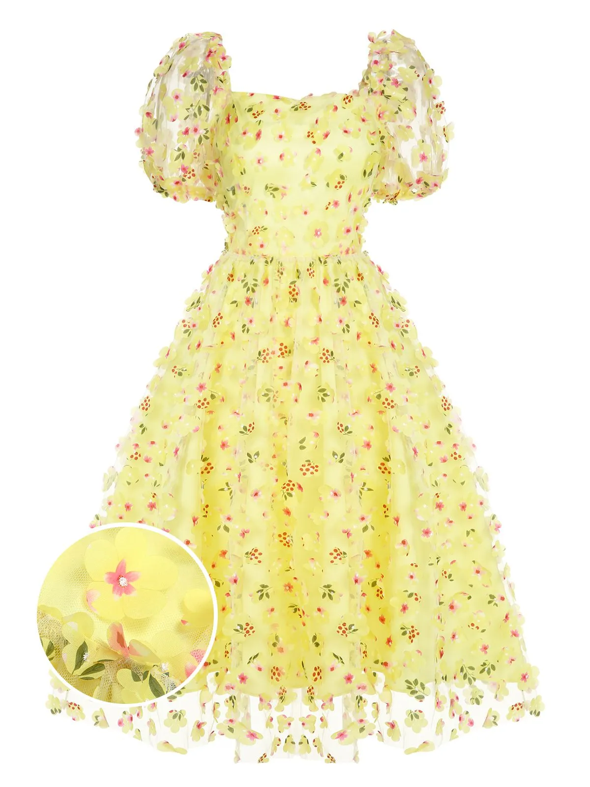 Yellow 3D Floral Puff Sleeves Swing Dress sold by Retro Stage product image thumbnail 3