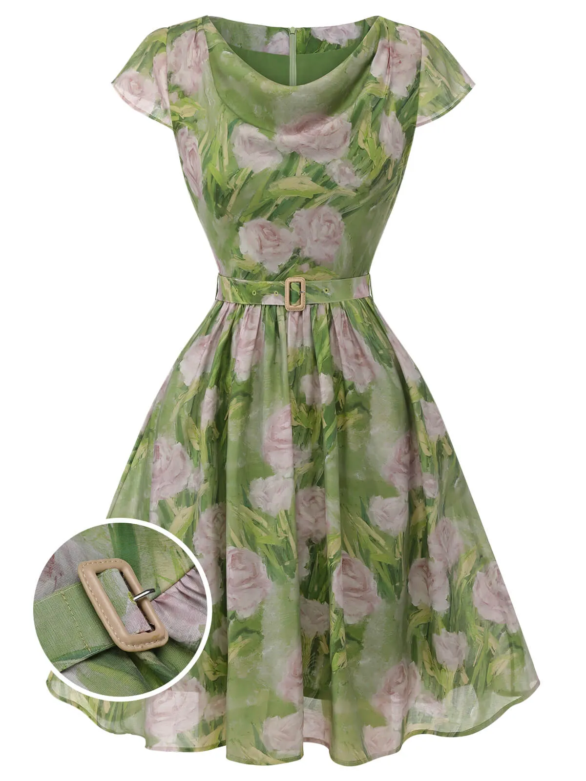 Green 1960s Oil-Painting Rose Dress sold by Retro Stage product image thumbnail 2