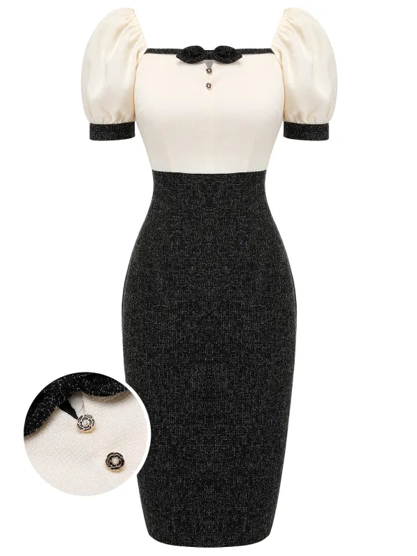 Black & Beige 1960s Puff Sleeve Pencil Dress sold by Retro Stage
