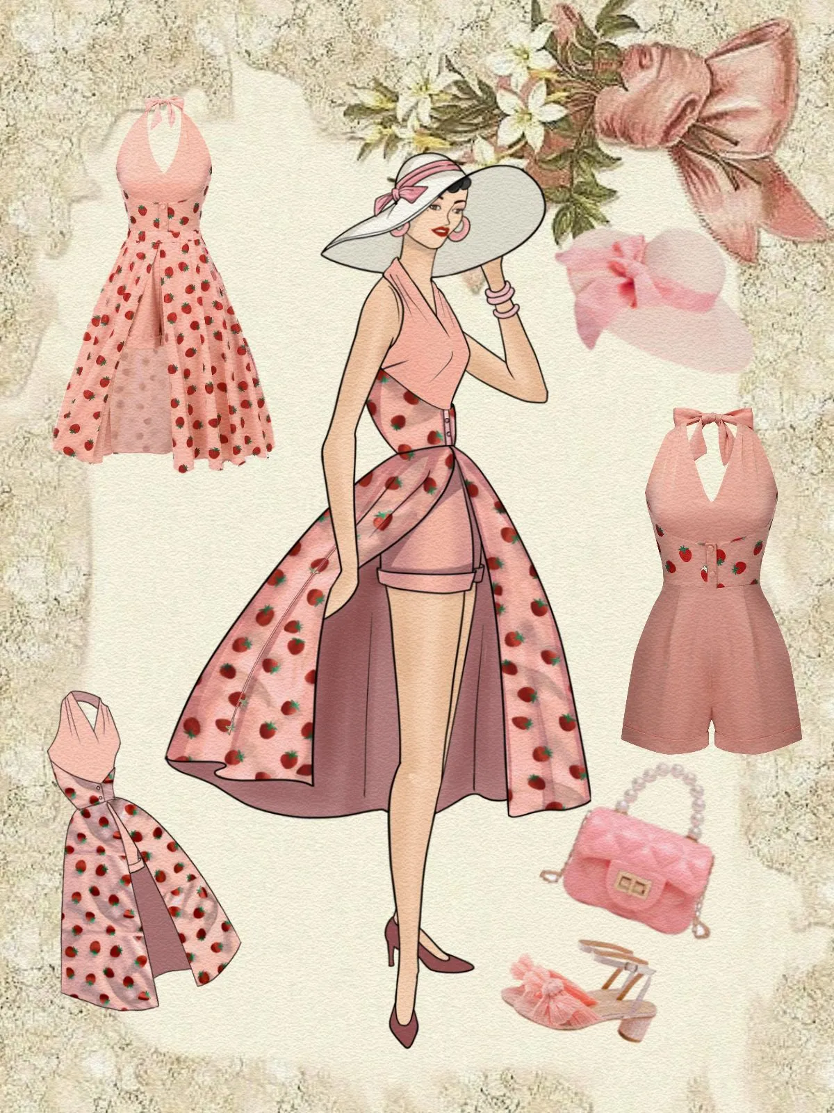 2PCS Pink 1950s Halter Strawberry Romper & Umbrella Skirt sold by Retro Stage product image thumbnail 2