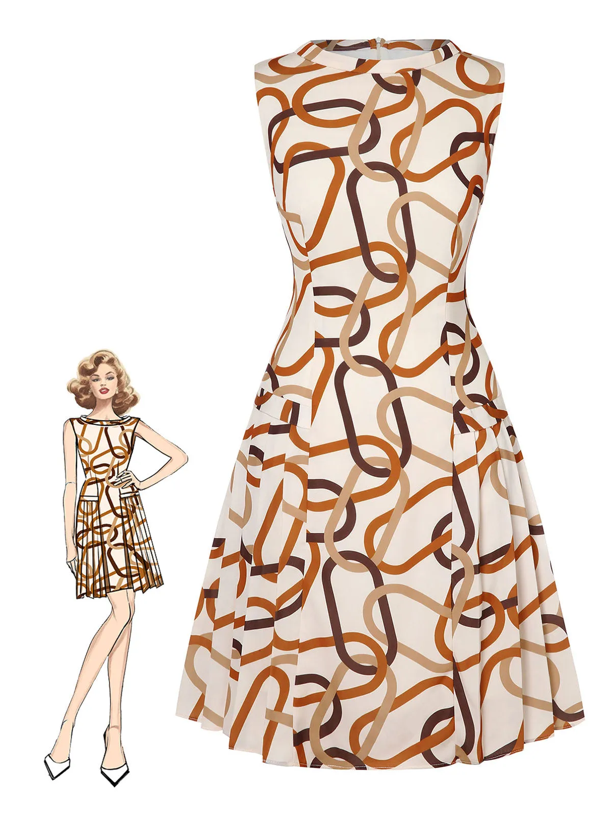 Yellow 1960s Stand Collar Printed Pleated Dress sold by Retro Stage