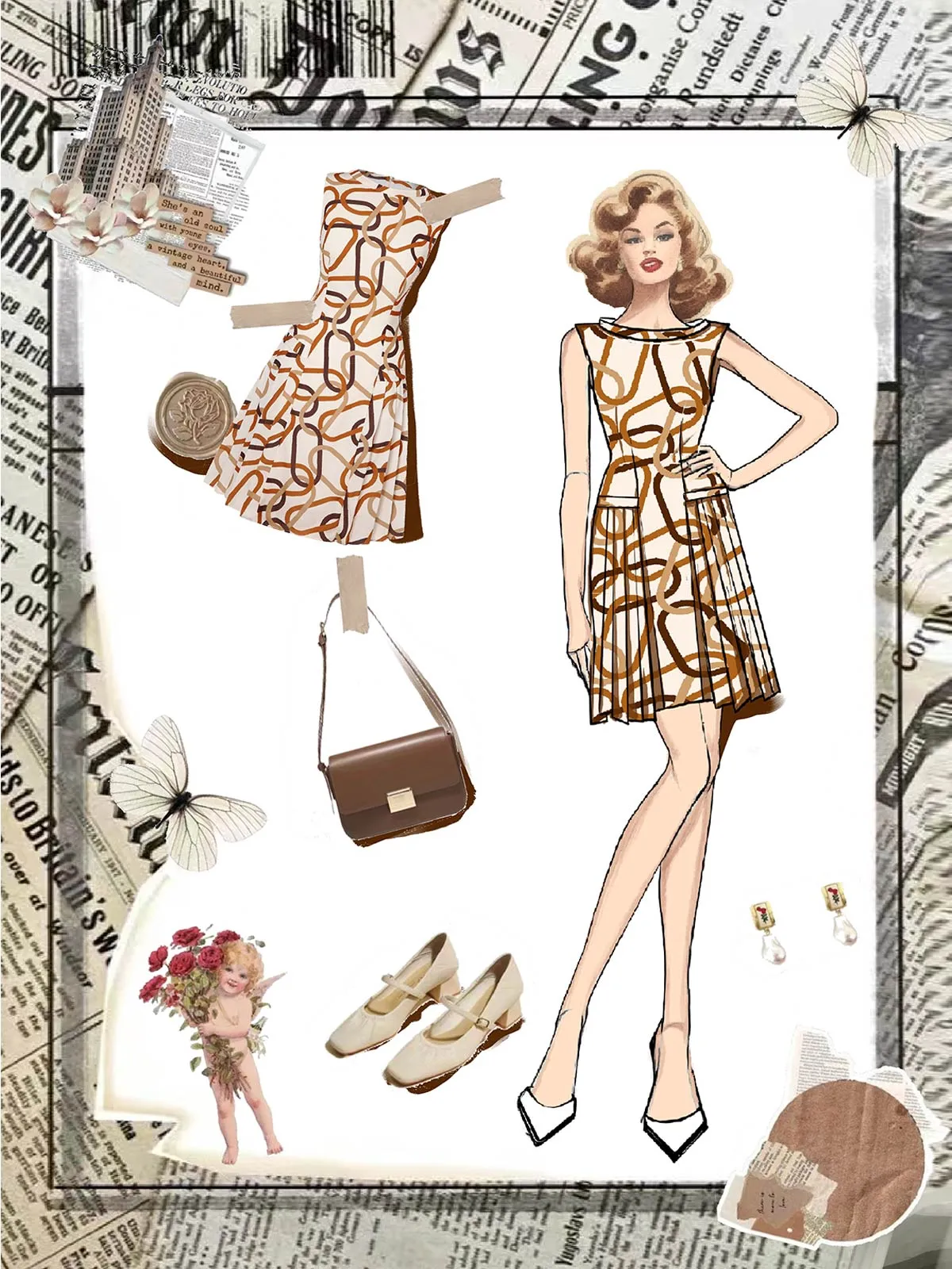 Yellow 1960s Stand Collar Printed Pleated Dress sold by Retro Stage product image thumbnail 2