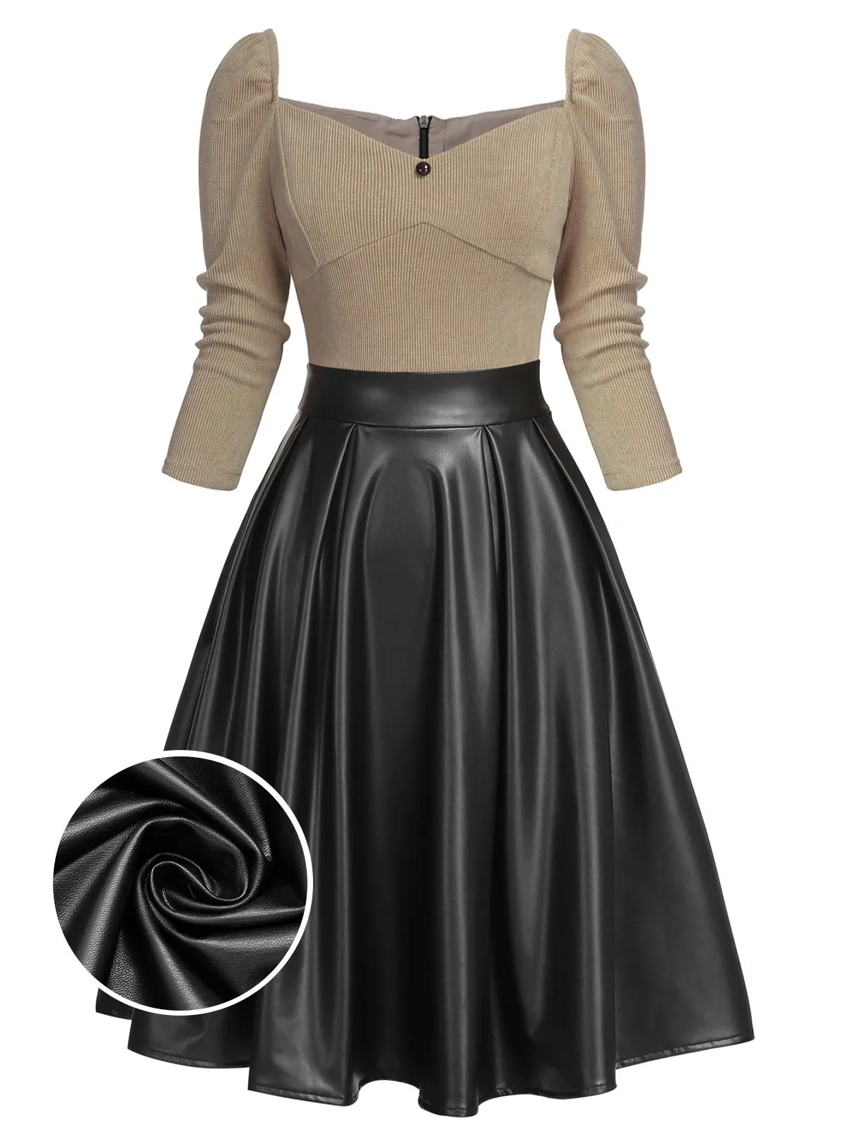 Khaki 1950s Knitted Leather Patchwork Dress sold by Retro Stage product image thumbnail 4