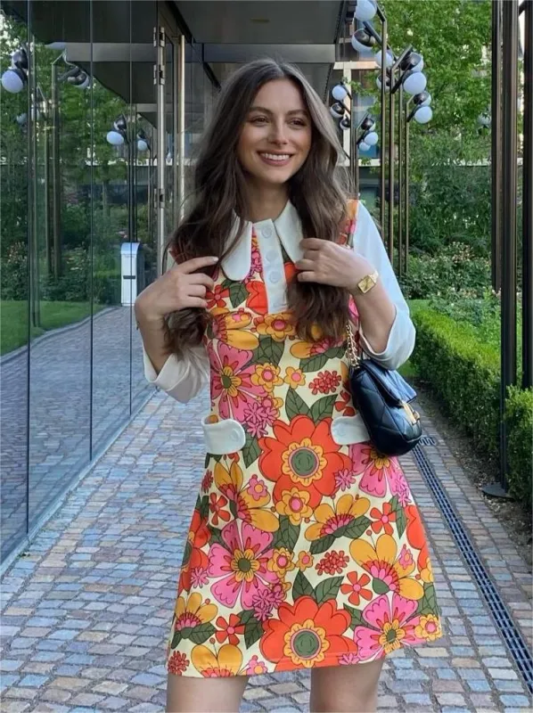 Orange 1960s Lapel Flowers Patchwork Dress sold by Retro Stage