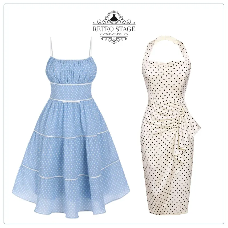 2PCS Polka Dot Ivory Pencil Dress & Sky Blue Strap Dress sold by Retro Stage