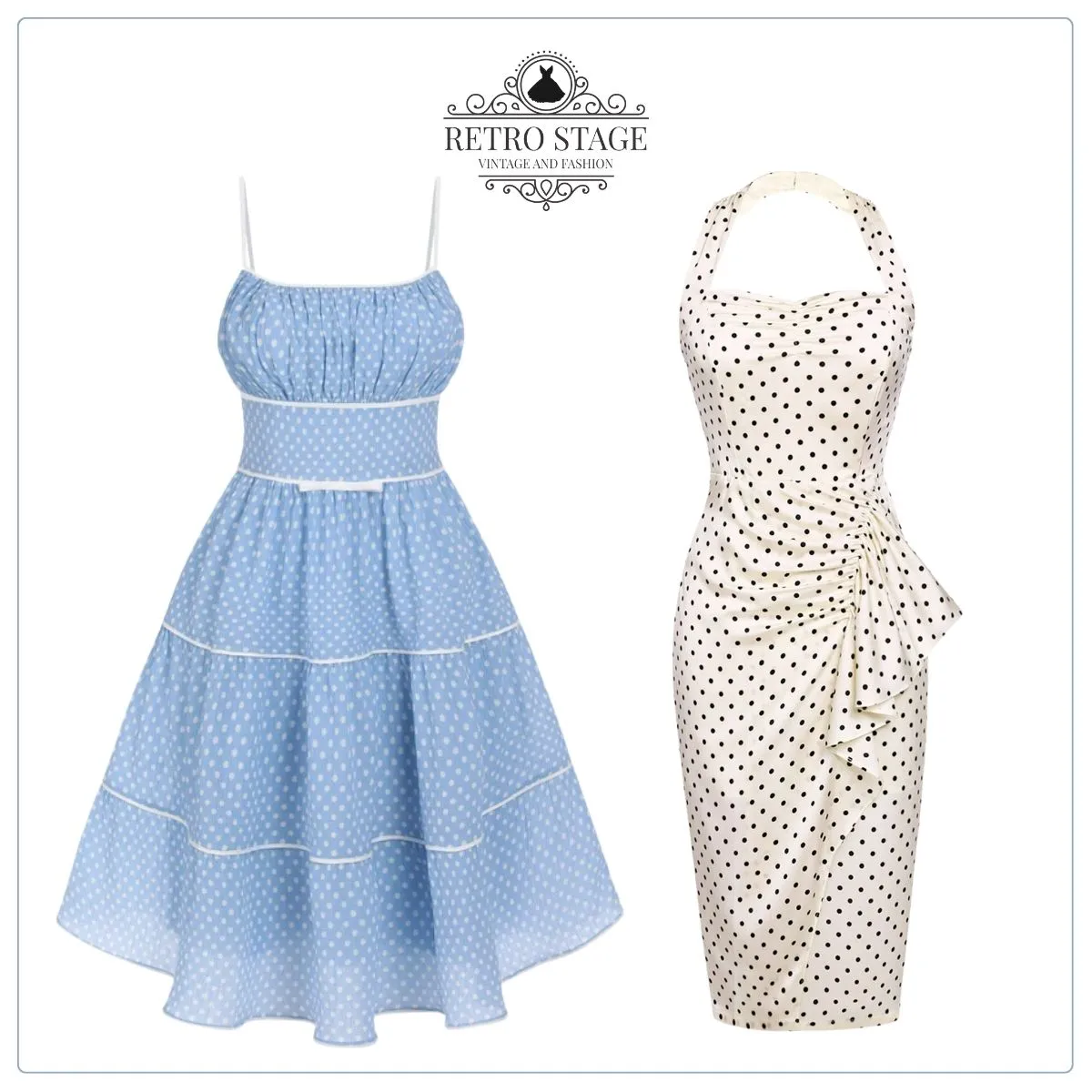 2PCS Polka Dot Ivory Pencil Dress & Sky Blue Strap Dress sold by Retro Stage