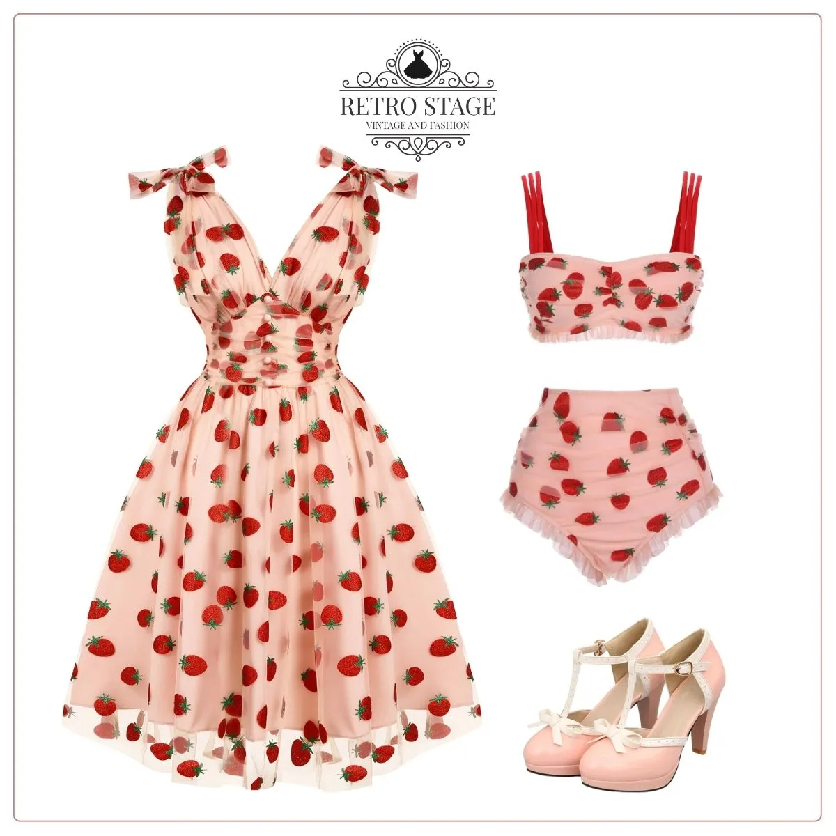 Pink 1950s Strawberry Mesh Swing Dress sold by Retro Stage