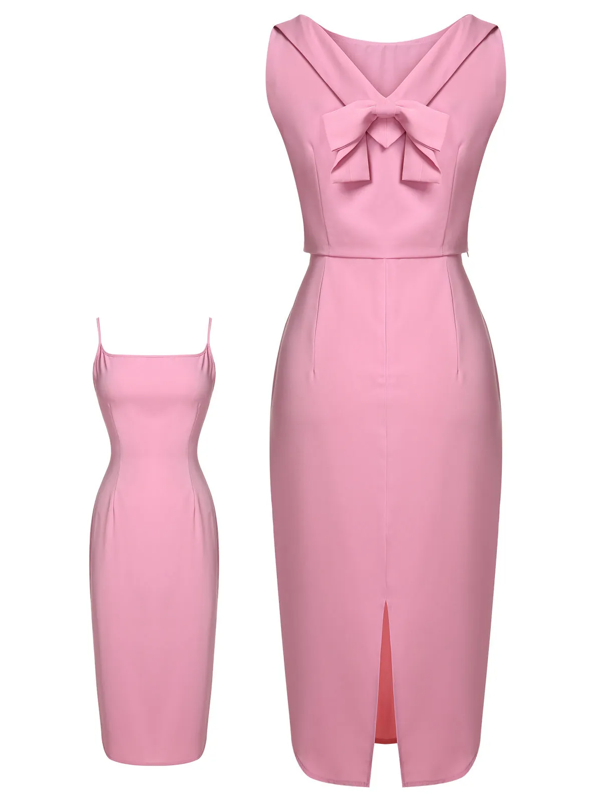 2PCS Pink 1960s Lapel Bowknot Blouse & Solid Spaghetti Strap Dress sold by Retro Stage