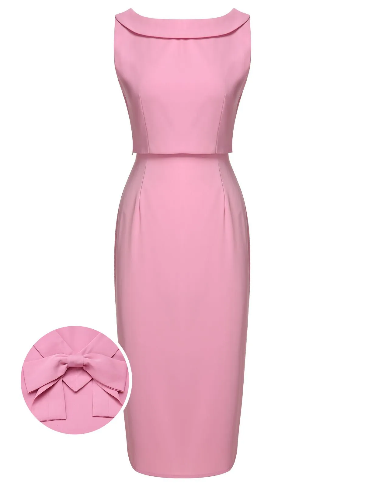 2PCS Pink 1960s Lapel Bowknot Blouse & Solid Spaghetti Strap Dress sold by Retro Stage product image thumbnail 2