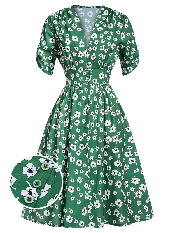 Green 1940s V-Neck Floral Dress sold by Retro Stage