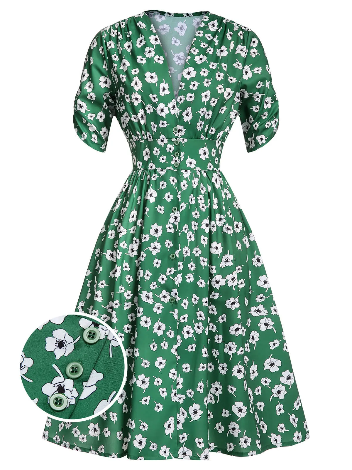 Green 1940s V-Neck Floral Dress sold by Retro Stage
