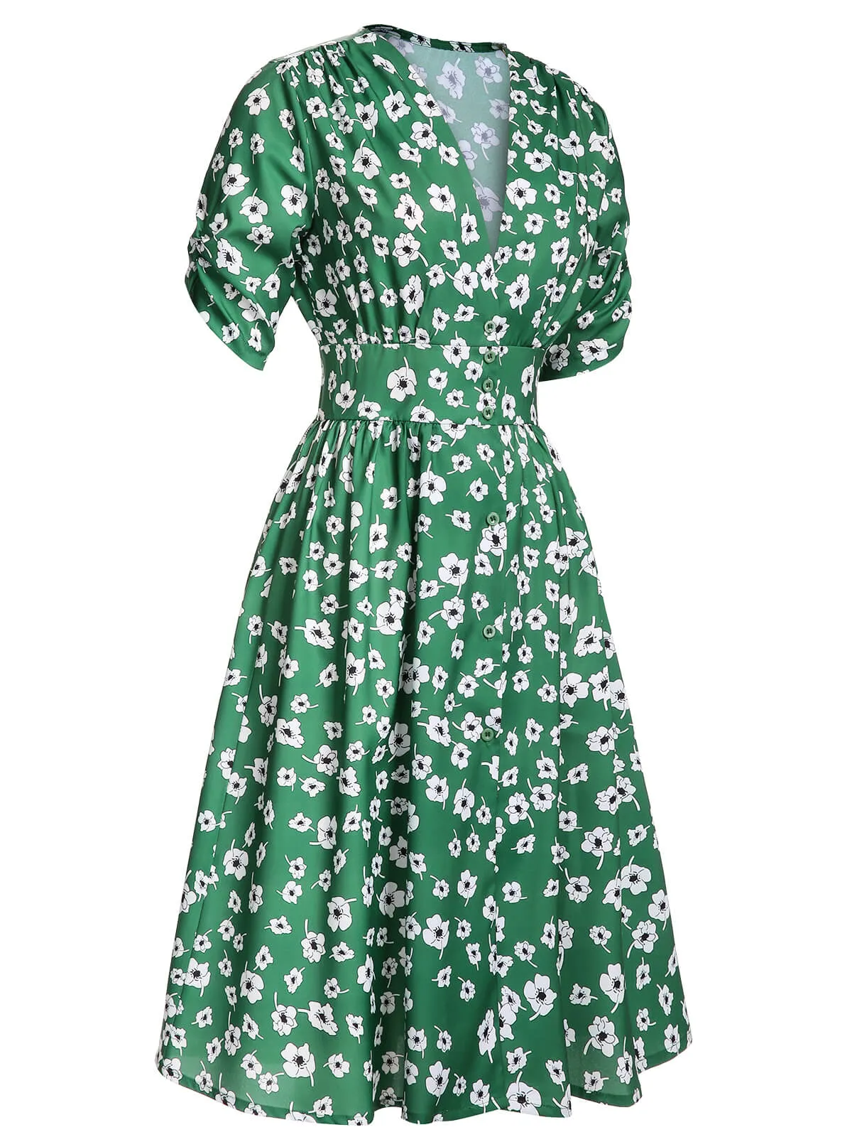 Green 1940s V-Neck Floral Dress sold by Retro Stage product image thumbnail 3