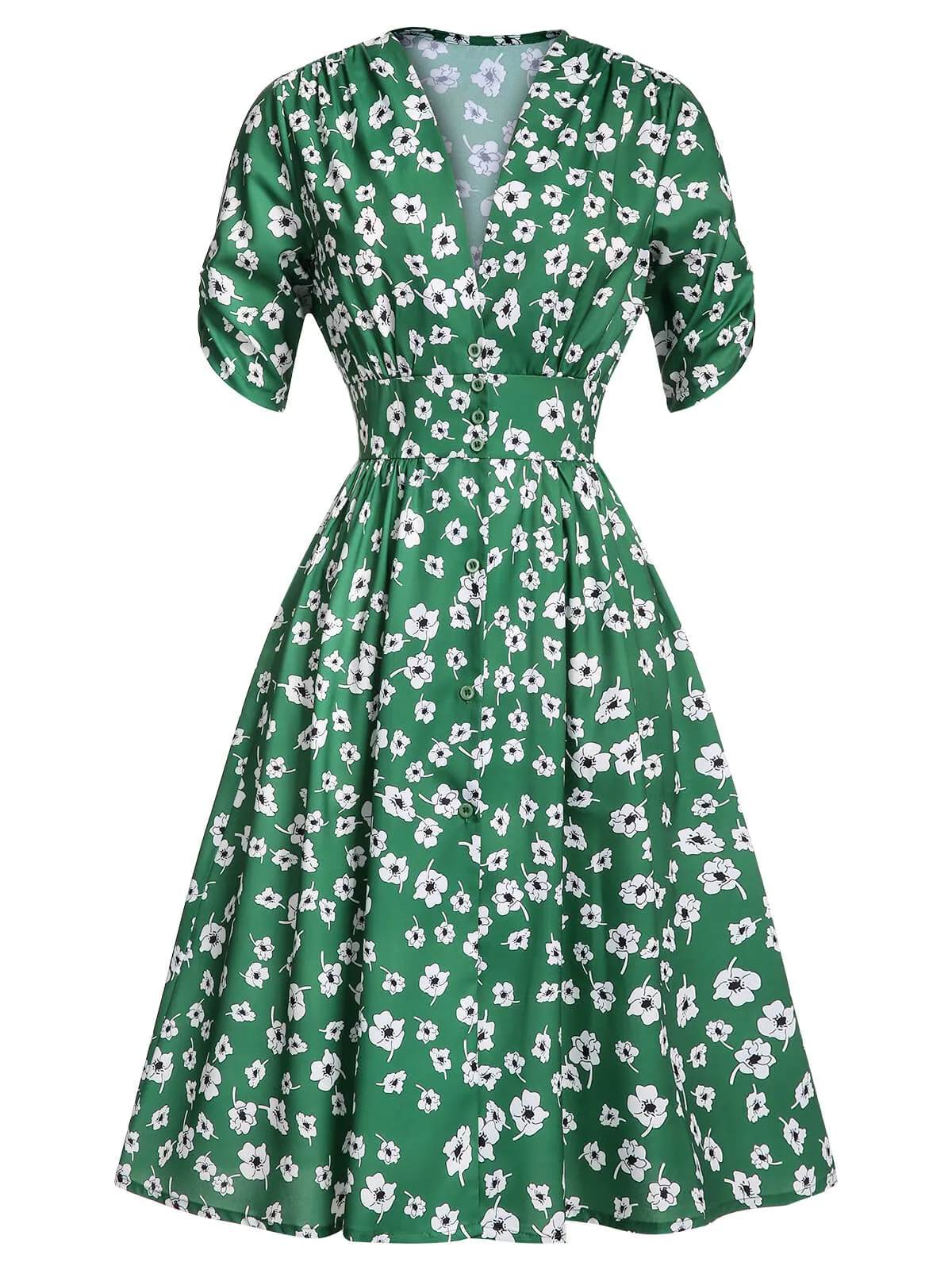 Green 1940s V-Neck Floral Dress sold by Retro Stage product image thumbnail 2