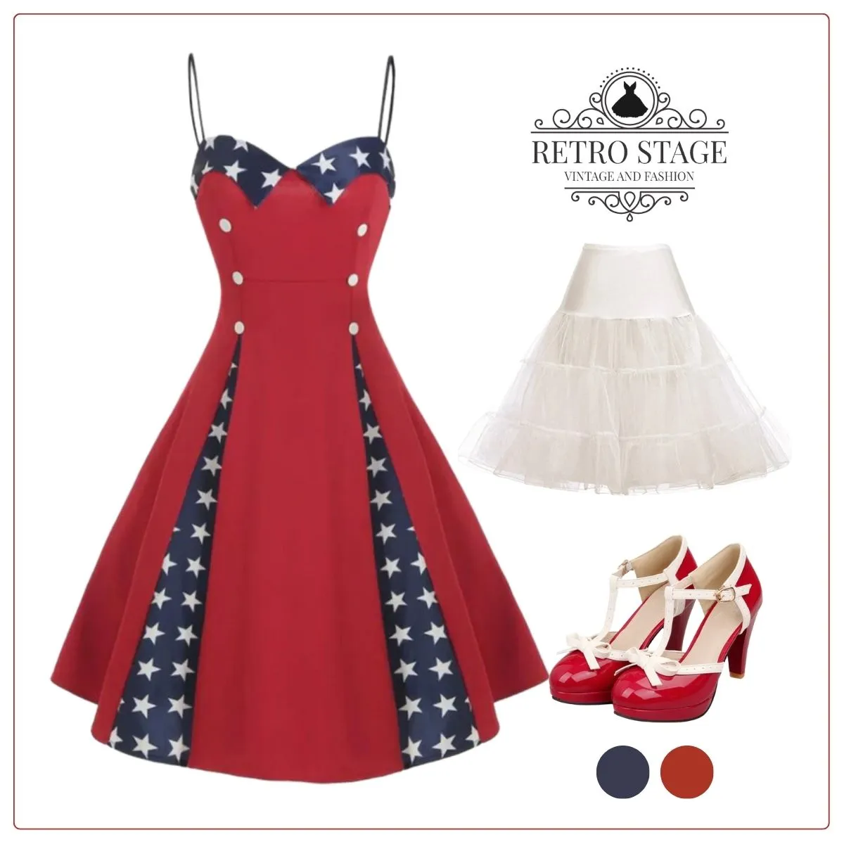 Red 1950s Stars Patchwork Strap Dress sold by Retro Stage