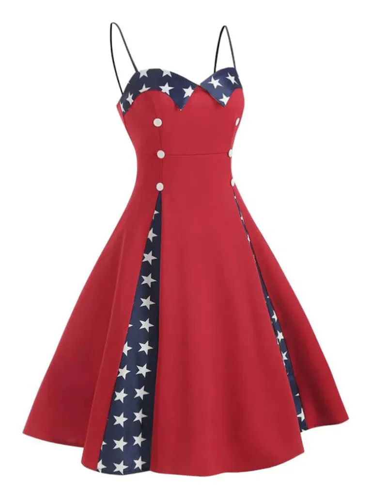 Red 1950s Stars Patchwork Strap Dress sold by Retro Stage product image thumbnail 3