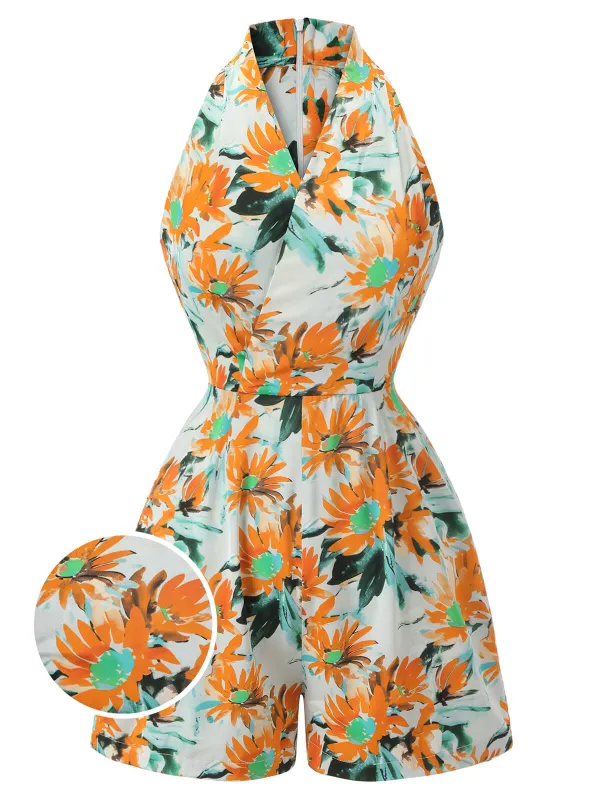 Orange 1950s Painted Sunflower V-Neck Romper sold by Retro Stage