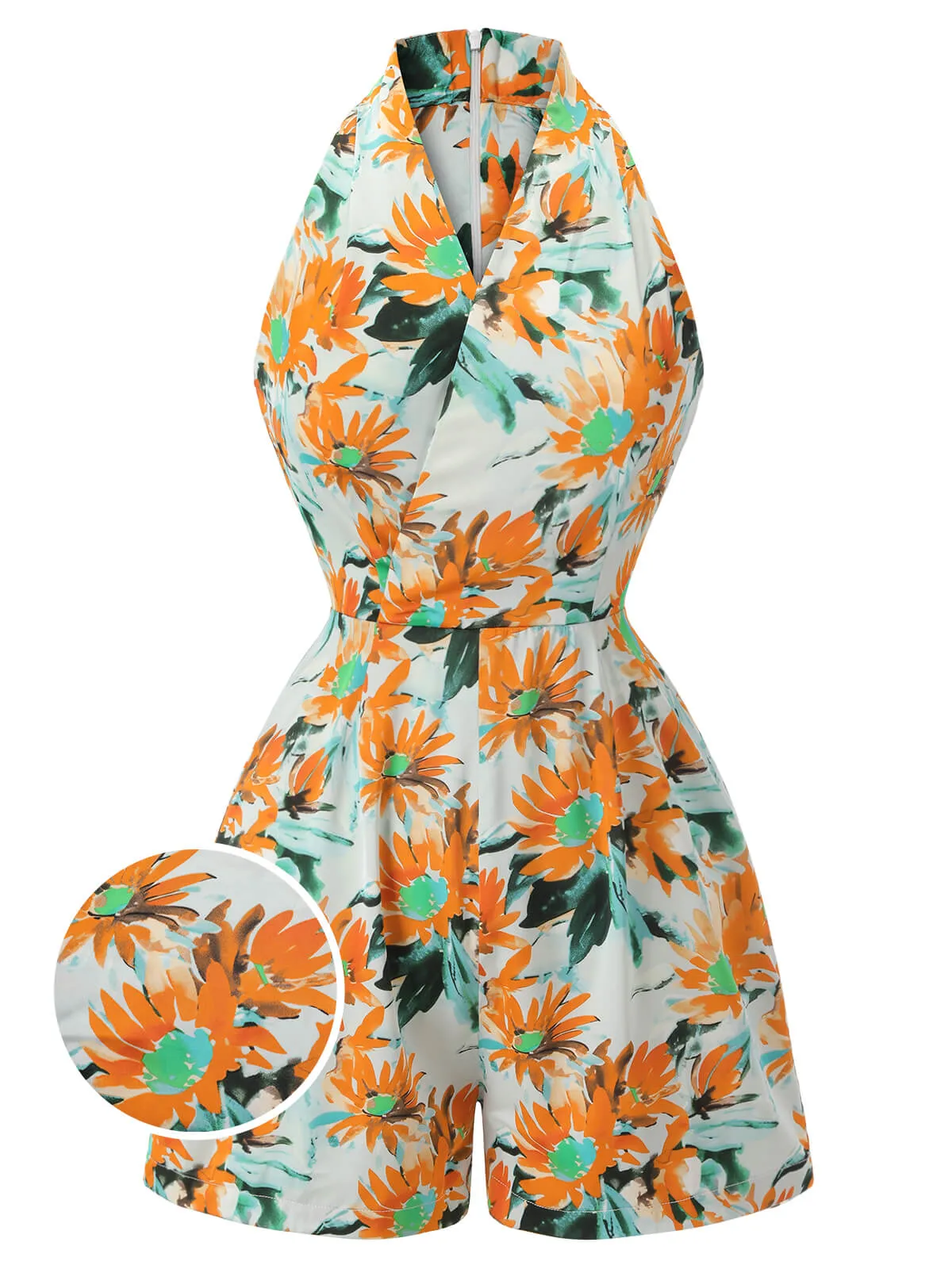 Orange 1950s Painted Sunflower V-Neck Romper sold by Retro Stage