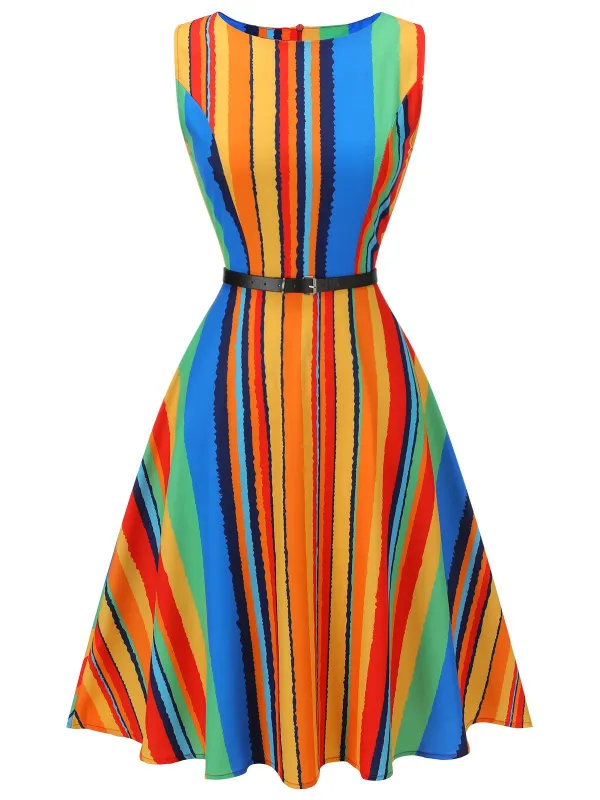 Multi 1950s Stripe Crew Dress With Belt sold by Retro Stage