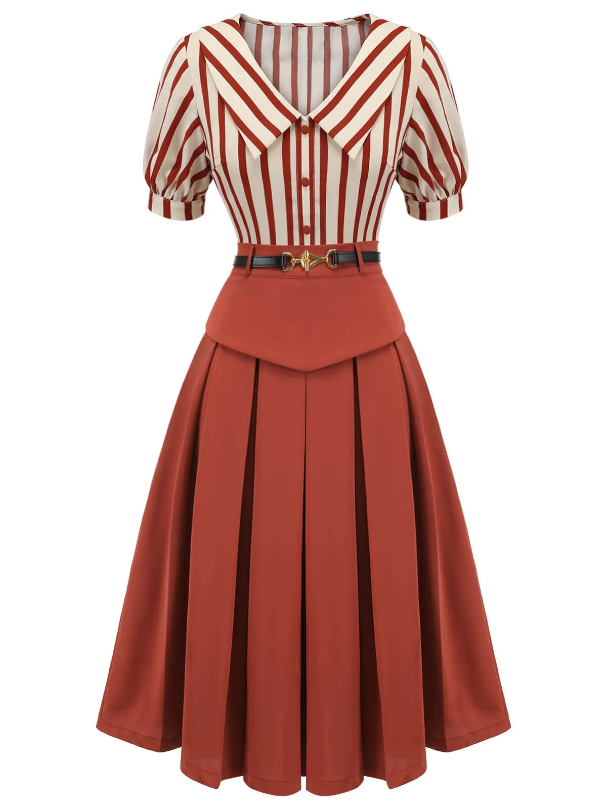 2PCS Orange Red 1950s Striped Blouse & Pleated Skirt sold by Retro Stage product image thumbnail 2