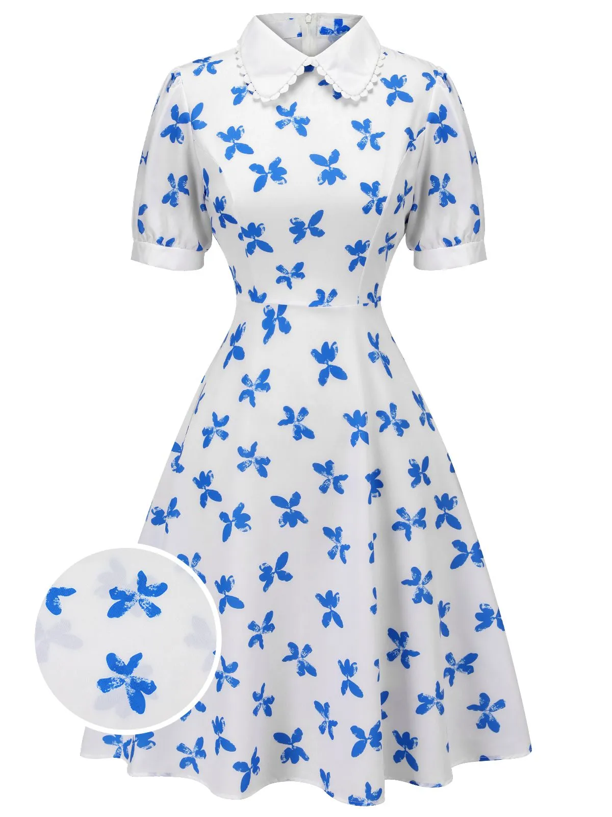 1940s Blue Butterfly Doll Neck Dress sold by Retro Stage