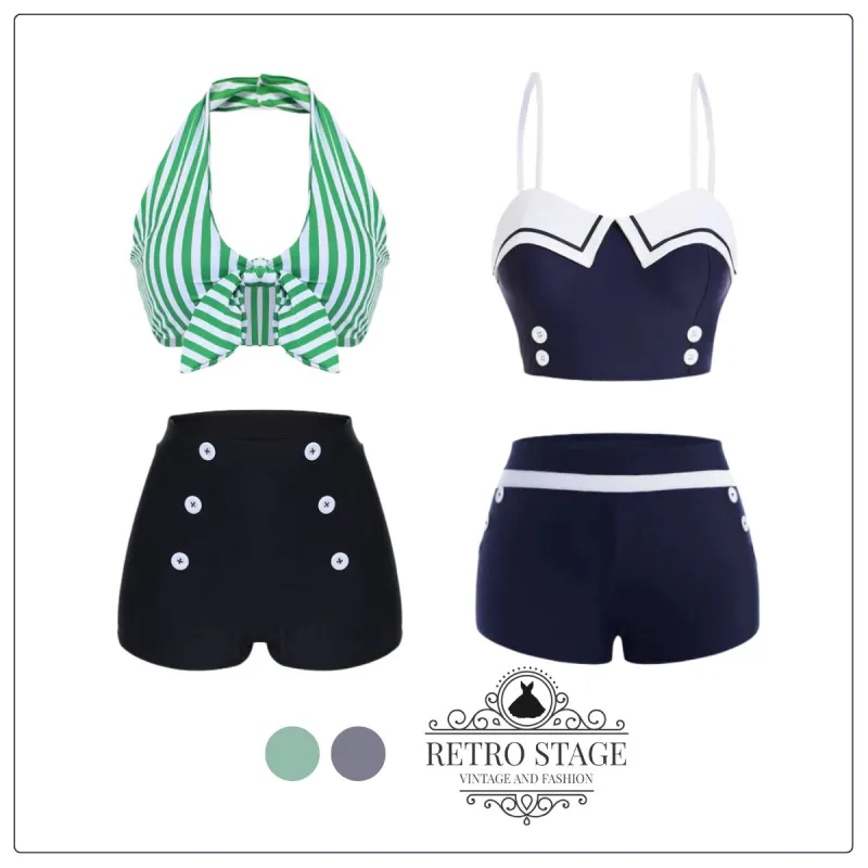 Navy Blue 1950s Spaghetti Buttons Swimsuit sold by Retro Stage