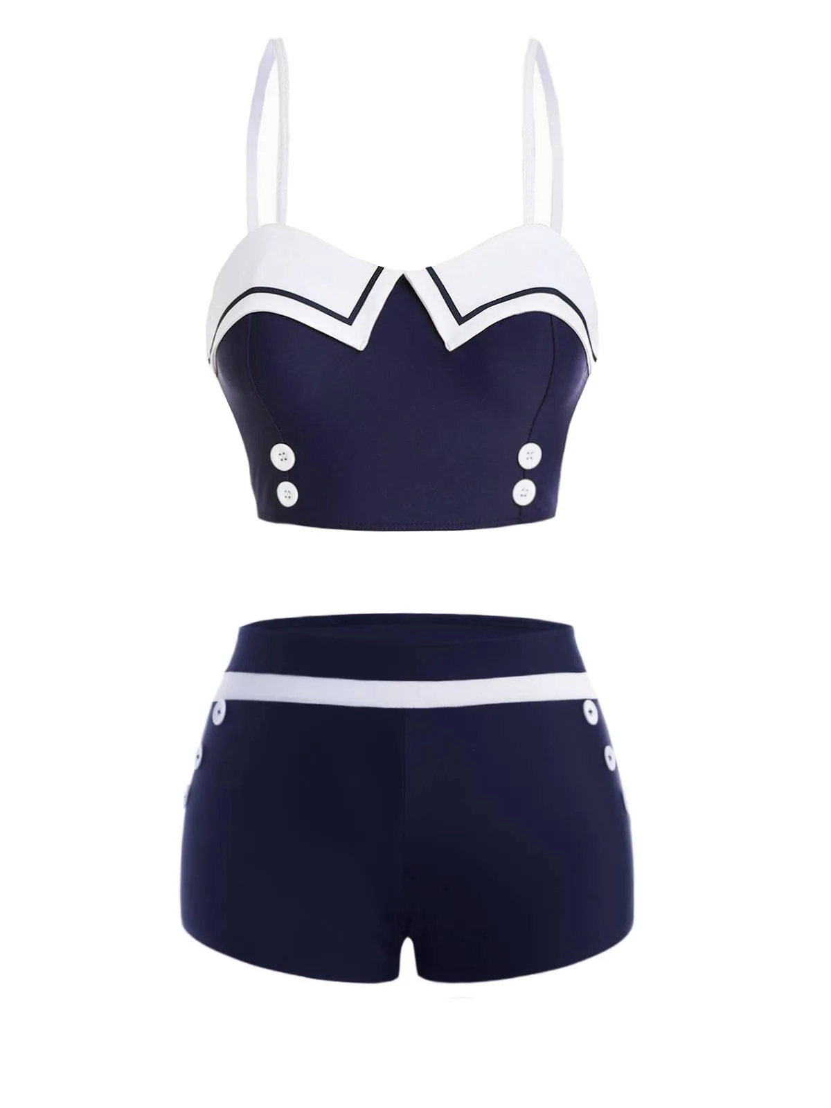 Navy Blue 1950s Spaghetti Buttons Swimsuit sold by Retro Stage product image thumbnail 2