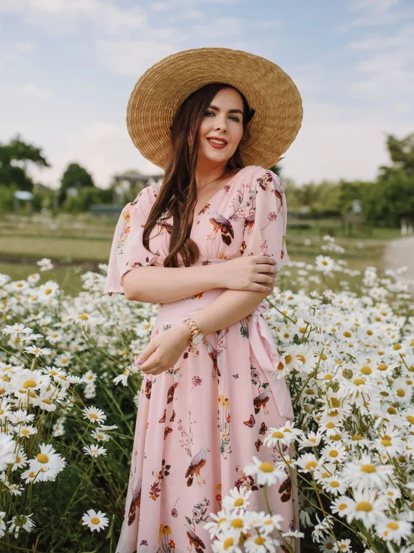 Pink Flowers And Birds Bowknot V-Neck Dress sold by Retro Stage
